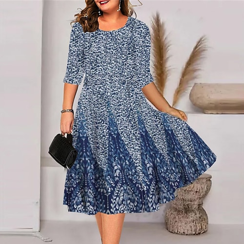 

Women's Plus Size Holiday Dress Floral Crew Neck Print Half Sleeve Fall Spring Work Midi Dress Holiday Date Dress