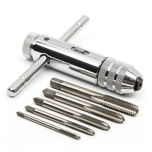 

Adjustable Silver T-Handle Ratchet Tap Holder Wrench with 5pcs M3-M8 Machine Screw Thread Metric Plug T-shaped Tap