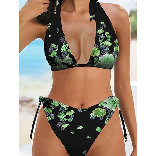 

Women's Swimwear Bikini 2 Piece Normal Swimsuit Halter Open Back Printing Floral Green Blue Purple Rosy Pink Fuchsia Halter V Wire Bathing Suits Sexy Vacation Fashion / Modern / New