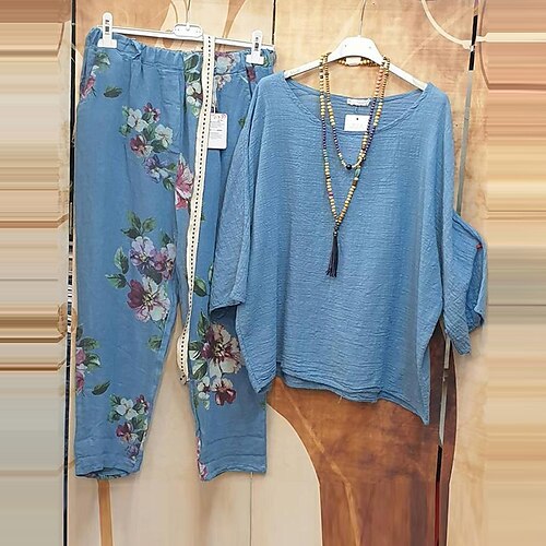 

Women's Plus Size Tops Plus Size Set Floral Print 3/4 Length Sleeve Crewneck Streetwear Daily Going out Polyester Fall Spring Blue