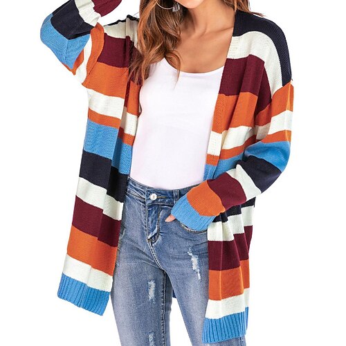 

Women's Cardigan Jumper Ribbed Knit Tunic Knitted Striped Open Front Stylish Casual Daily Holiday Fall Winter Purple Orange S M L / Long Sleeve / Regular Fit / Going out