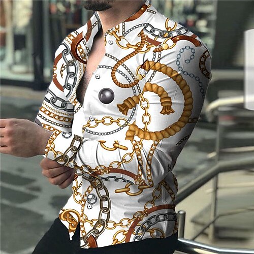 

Men's Shirt Graphic Shirt Chains Print Turndown White 3D Print Outdoor Street Long Sleeve Button-Down Print Clothing Apparel Fashion Designer Casual Breathable / Summer / Spring / Summer