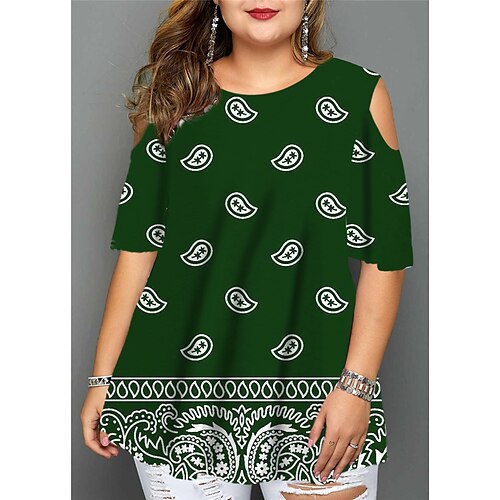 

Women's Plus Size Tops Blouse Shirt Floral Cut Out Print Half Sleeve Crewneck Streetwear Daily Going out Cotton Spandex Jersey Spring Summer Green Gray