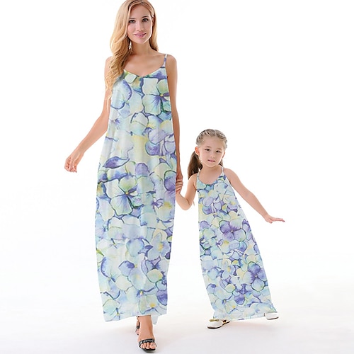 

Mommy and Me Dresses Floral Causal Backless Blue Sleeveless Maxi Strap Dress Active Matching Outfits