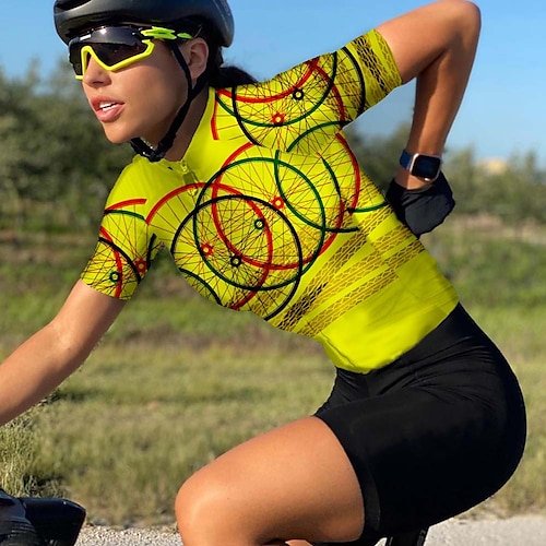 

21Grams Women's Cycling Jersey Short Sleeve Bike Top with 3 Rear Pockets Mountain Bike MTB Road Bike Cycling Breathable Quick Dry Moisture Wicking Reflective Strips Green Yellow Sky Blue Graphic