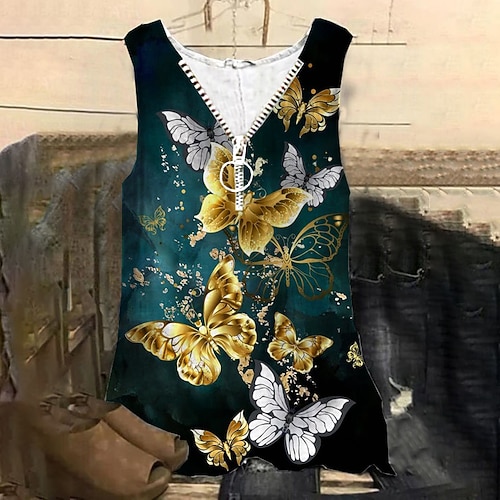 

Women's Plus Size Tops Tank Top Butterfly Animal Zipper Print Sleeveless V Neck Streetwear Daily Holiday Cotton Spandex Jersey Spring Summer Blue
