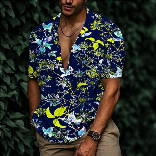 

Men's Shirt 3D Print Floral Turndown Street Casual Button-Down Print Short Sleeve Tops Designer Casual Fashion Breathable Navy Blue / Summer / Spring / Summer