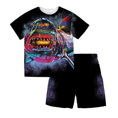 

Kids Boys T-shirt Shorts Clothing Set 2 Pieces Short Sleeve Black Shark Animal Crewneck Print Street Sports Vacation Fashion Comfort Cool Daily 3-13 Years