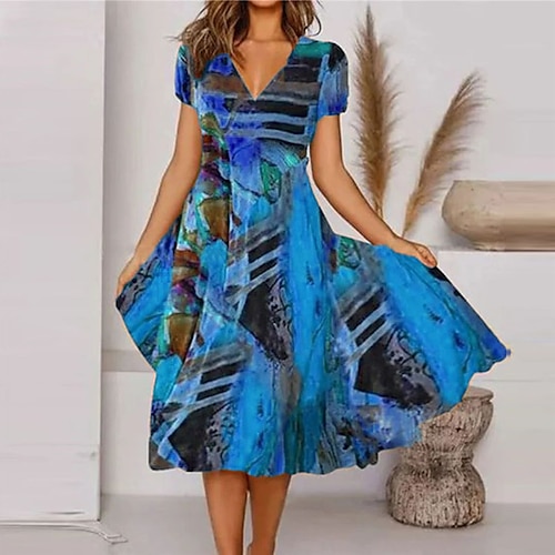 

Women's Casual Dress Swing Dress Midi Dress Blue Short Sleeve Print Spring Summer V Neck Fashion 2022 S M L XL XXL 3XL