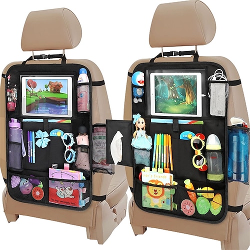 

Car Seat Organizer Backseat Car Organizer with Touchable Tablet Holder 12 Storage Pockets 1 Hook Earphone Hole Design 2 Backup Bags Kick Mats Car Organizer Back Seat