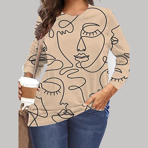 

Women's Plus Size Tops Pullover Sweatshirt Abstract Print Long Sleeve Crewneck Streetwear Daily Vacation Microfiber Fall Spring khaki