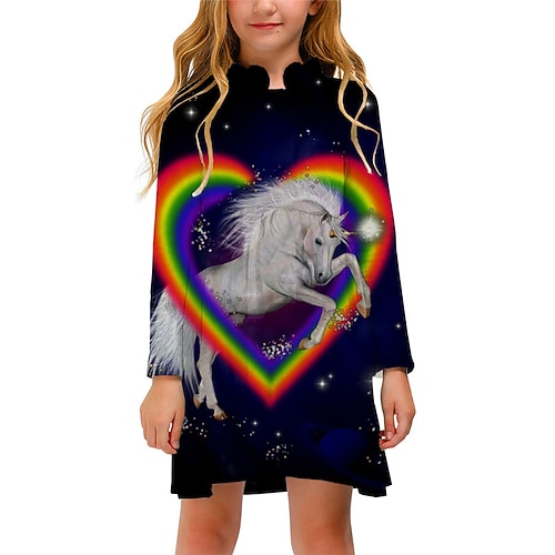 

Kids Little Girls' Dress Rainbow Unicorn Animal A Line Dress Daily Holiday Vacation Print Navy Blue Above Knee Long Sleeve Casual Cute Sweet Dresses Fall Spring Regular Fit 3-12 Years