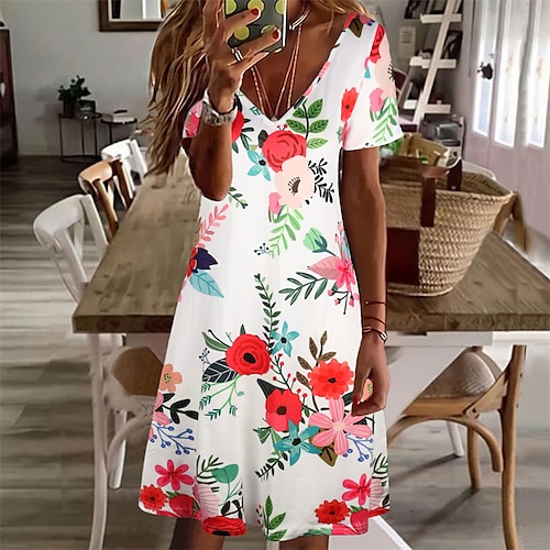 

Mujer Vestido de verano Negro Rojo Blanco Manga Corta Floral Estampado Primavera Verano Escote en Pico Fin de semana Holgado S M L XL XXL