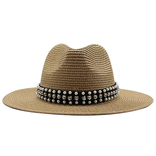 

Summer Straw Hat for Women Sun Beach Hat Men Jazz Panama Hats Fedora Wide Brim Sun Protection Cap with Bead Leather Belt