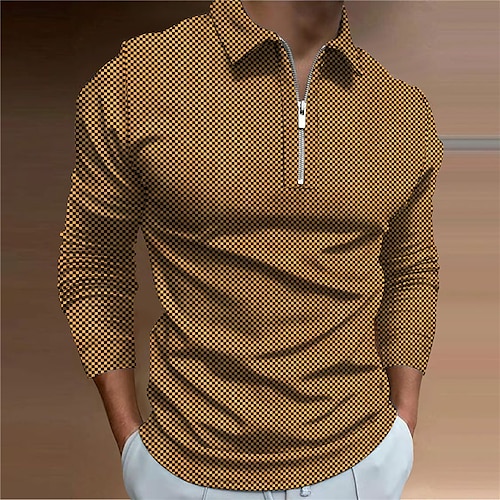 

Men's Collar Polo Shirt Golf Shirt Plaid Turndown Yellow 3D Print Outdoor Street Long Sleeve Zipper Print Clothing Apparel Fashion Designer Casual Breathable