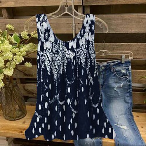 

Women's Plus Size Tops Tank Top Floral Print Sleeveless V Neck Streetwear Daily Holiday Cotton Spandex Jersey Spring Summer Blue Wine