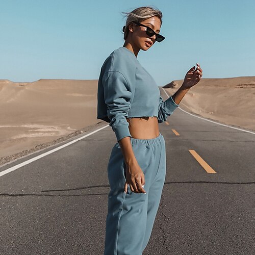 

Women's Crop Top Tracksuit Pants Sets Basic Khaki Dark Navy Sport Fitness Solid Color Crew Neck S M L XL