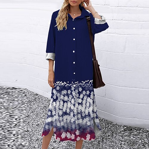 

Women's Shift Dress Midi Dress Blue Navy Blue 3/4 Length Sleeve Floral Geometric Button Print Fall Spring Shirt Collar Casual Fashion 2022 S M L XL XXL 3XL