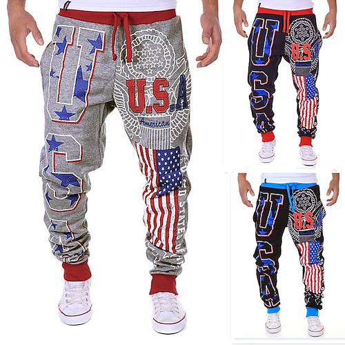 

Men's Sweatpants Chinos Relaxed Trousers Drawstring Elastic Waist Letter Print National Flag Full Length Sport Casual Weekend Basic Navy Blue Light gray Micro-elastic
