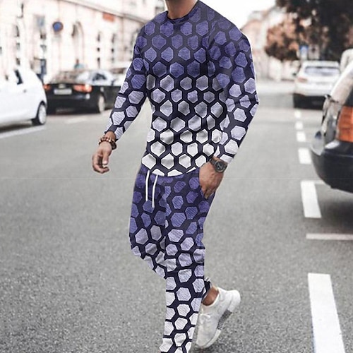 

Men's Tracksuit Hoodies Set Graphic Patterned Color Block Geometric 2 Piece Print Sports Outdoor Casual Sports 3D Print Sportswear Basic Essential Hoodies Sweatshirts Black And White White Purple