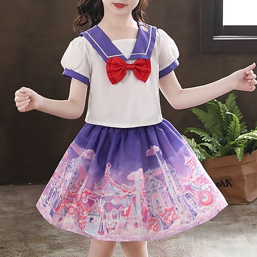 

Kids Girls' T-shirt Skirt Clothing Set 2 Pieces Short Sleeve Purple Graphic Patterned Print Vacation Daily Preppy Style 3-12 Years