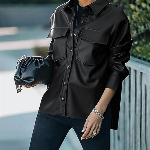 

Women's Faux Leather Jacket Regular Pocket Coat Black Wine Khaki Apricot Casual Street Fall Single Breasted Turndown Regular Fit S M L XL XXL 3XL