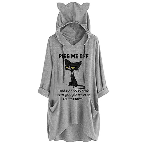 

Women's Shift Dress Short Mini Dress Gray Long Sleeve Fall Cat Letter Animal Pocket Print Fall Spring Hooded Casual 2022 S M L XL XXL 3XL