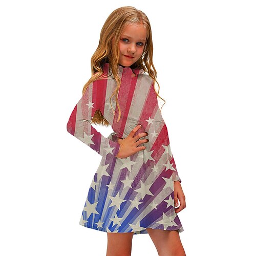

Kids Little Girls' Dress Flag A Line Dress Daily Holiday Vacation Print Red Above Knee Long Sleeve Casual Cute Sweet Dresses American Independence Day Fall Spring Regular Fit 3-12 Years