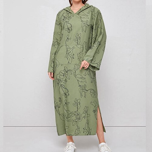

Women's Shift Dress Maxi long Dress Army Green Long Sleeve Floral Pocket Print Fall Spring Hooded Casual Fashion 2022 S M L XL