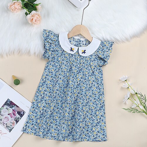 

Kids Toddler Little Girls' Dress Floral Holiday Vacation Embroidered Ruched Ruffle Blue Mini Sleeveless Cute Sweet Dresses Summer Regular Fit 1pcs 2-6 Years