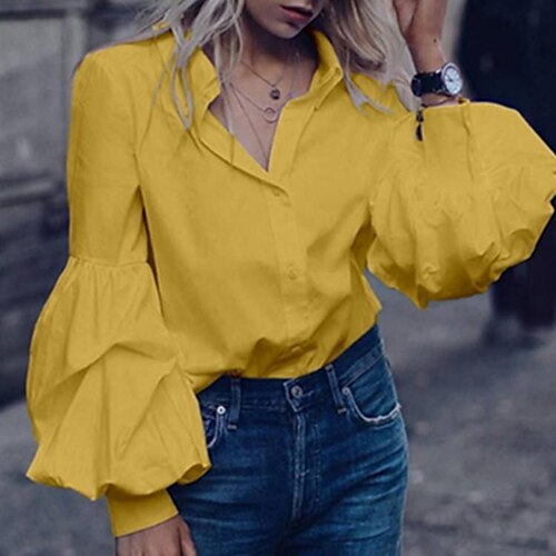 

Women's Blouse Shirt Blue Yellow White Plain Long Sleeve Casual Daily Basic Casual Shirt Collar Regular Puff Sleeve S