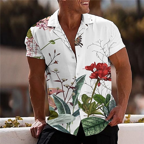 

Men's Shirt 3D Print Floral Turndown Street Casual Button-Down Print Short Sleeve Tops Designer Casual Fashion Breathable White / Summer
