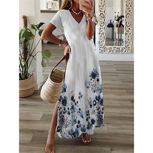

Women's Shift Dress Maxi long Dress Blue Short Sleeve Floral Split Print Spring Summer V Neck Casual Vacation 2022 S M L XL XXL 3XL