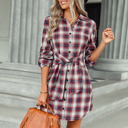 

Women's A Line Dress Short Mini Dress Blue Orange Red Long Sleeve Plaid Lace up Button Print Fall Spring Shirt Collar Stylish Casual 2022 S M L XL