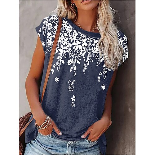 

Women's T shirt Tee Blue Flower Patchwork Print Short Sleeve Casual Daily Basic Round Neck Regular S / 3D Print