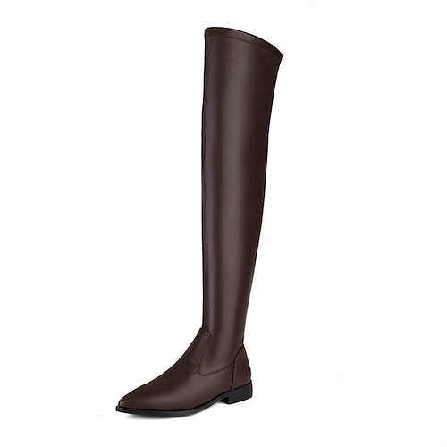 

Women's Boots Daily Over The Knee Boots Winter Flat Heel Pointed Toe Minimalism PU Leather Zipper Solid Colored Black Brown Beige