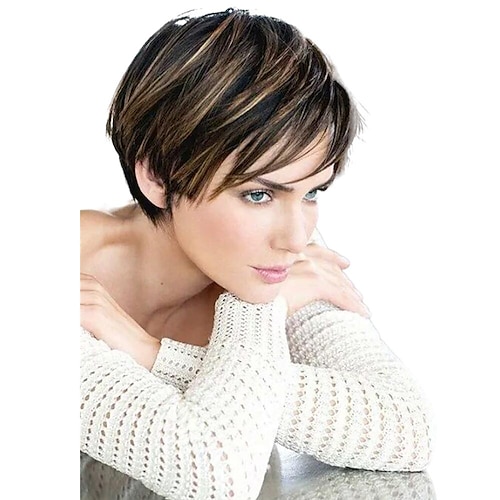 

Brazilian Remy Short Straight Human Hair Wigs Pixie Cut For Black Women Side Part With Bang Black Color Wig Ombre 1b/30
