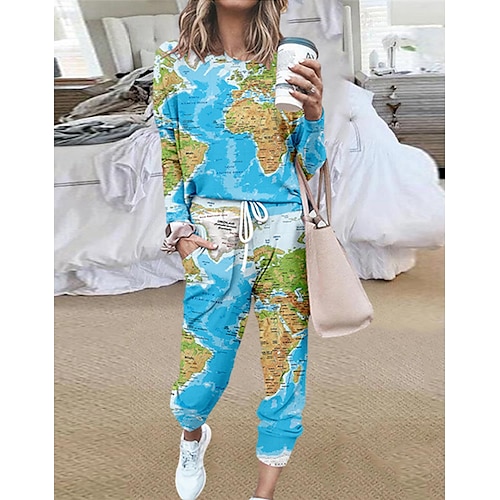 

Women's Loungewear Sets Nighty 2 Pieces Letter Graphic Prints Fashion Comfort Home Street Polyester Crew Neck Long Sleeve Pant Fall Spring Blue Royal Blue