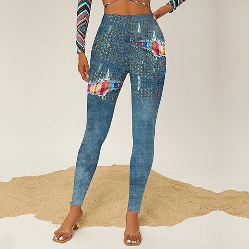 

Women's Tights Leggings Blue Mid Waist Designer Hip-Hop Athleisure Leisure Sports Yoga Print Stretchy Ankle-Length Tummy Control Graphic S M L XL XXL / Skinny