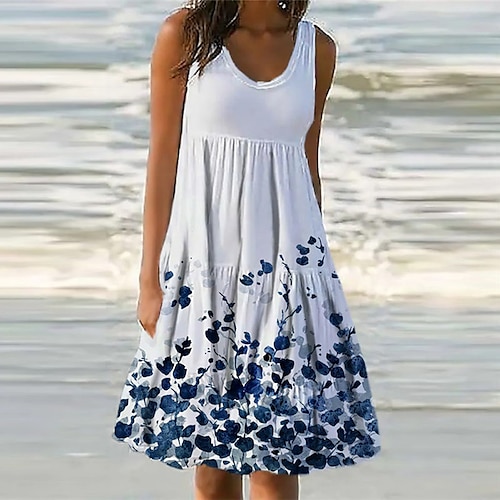 

Women's Shift Dress Knee Length Dress Green White Blue Pink Yellow Sleeveless Floral Pocket Print Spring Summer U Neck Casual Vacation 2022 S M L XL XXL 3XL