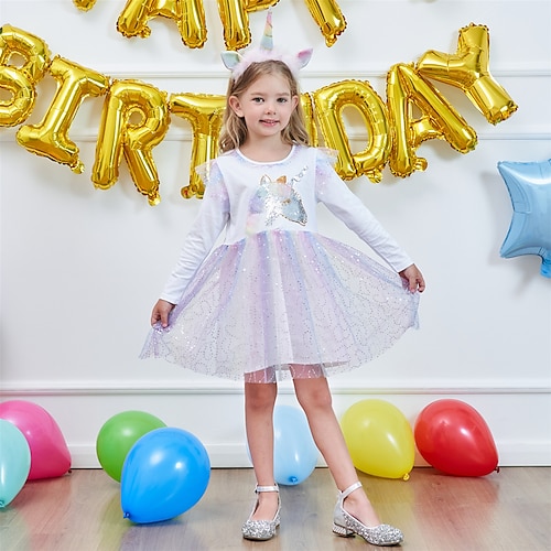 

Kids Girls' Dress Unicorn Sequin colour A Line Dress Party Performance Sequins Embroidered White Knee-length Long Sleeve Princess Sweet Dresses Fall Winter Regular Fit 1 PC 2-8 Years