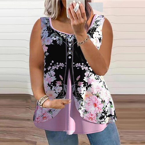 

Women's Plus Size Tops Blouse T shirt Tee Floral Fake two piece Print Sleeveless Crewneck Streetwear Daily Going out Polyester Spring Summer White Black