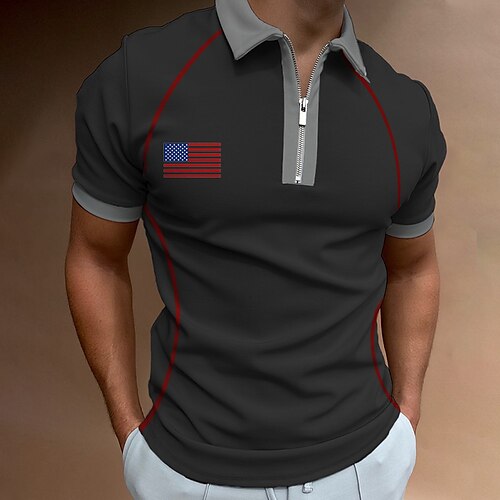 

Men's Collar Polo Shirt Golf Shirt Flag Turndown Gray 3D Print Outdoor Street Short Sleeves Zipper Print Clothing Apparel Fashion Designer Casual Breathable / Summer / Spring / Summer