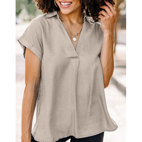 

Women's Shirt Plain Daily Weekend Shirt Short Sleeve V Neck Casual Streetwear Blue Khaki Navy Blue S