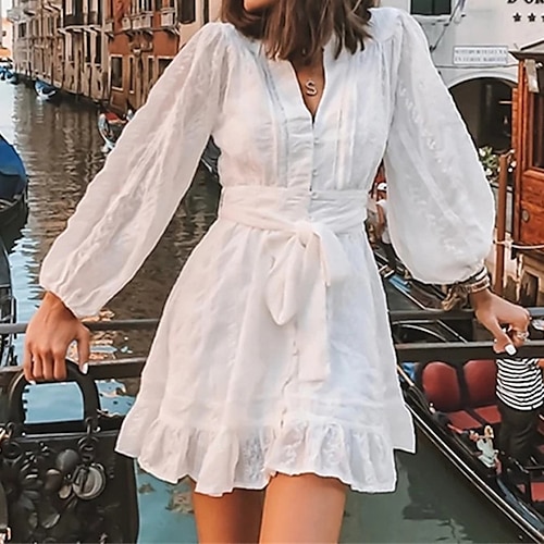 

Women's A Line Dress Short Mini Dress White Long Sleeve Pure Color Lace up Button Spring Summer Stand Collar Elegant Fashion 2022 S M L