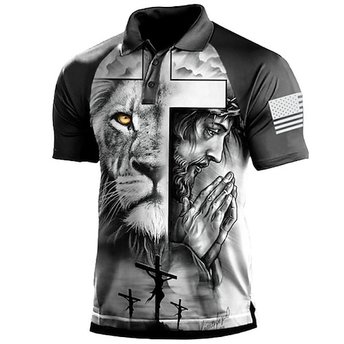 

Men's Collar Polo Shirt Golf Shirt Lion Turndown Black / Gray 3D Print Street Daily Short Sleeve 3D Button-Down Clothing Apparel Fashion Casual Breathable Comfortable / Beach