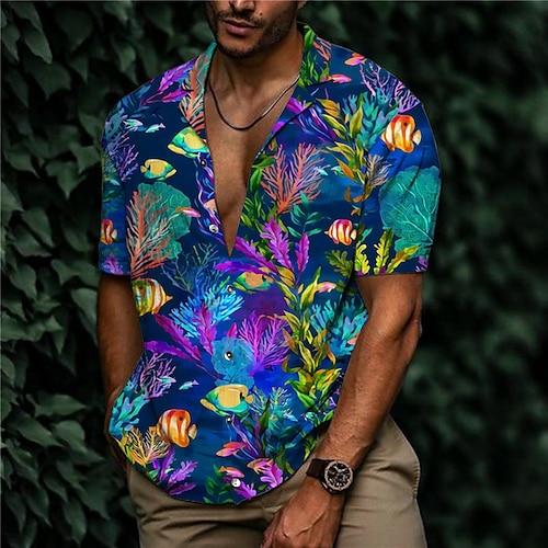 

Men's Shirt 3D Print Underwater World Turndown Street Casual Button-Down Print Short Sleeve Tops Designer Casual Fashion Breathable Blue / Summer / Spring / Summer