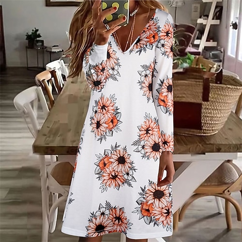 

Women's A Line Dress Short Mini Dress White Blue Dark Blue Long Sleeve Floral Lace Print Fall Spring V Neck Stylish Casual Loose 2022 S M L XL XXL