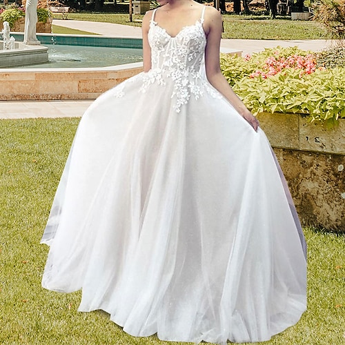 

A-Line Wedding Dresses Sweetheart Neckline Spaghetti Strap Chapel Train Sweep / Brush Train Lace Tulle Sleeveless Formal Romantic Sexy Backless with Pleats Appliques 2022