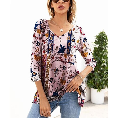 

Women's T shirt Tee Flower Casual Daily Floral T shirt Tee 3/4 Length Sleeve Print V Neck Basic Essential Pink S / 3D Print